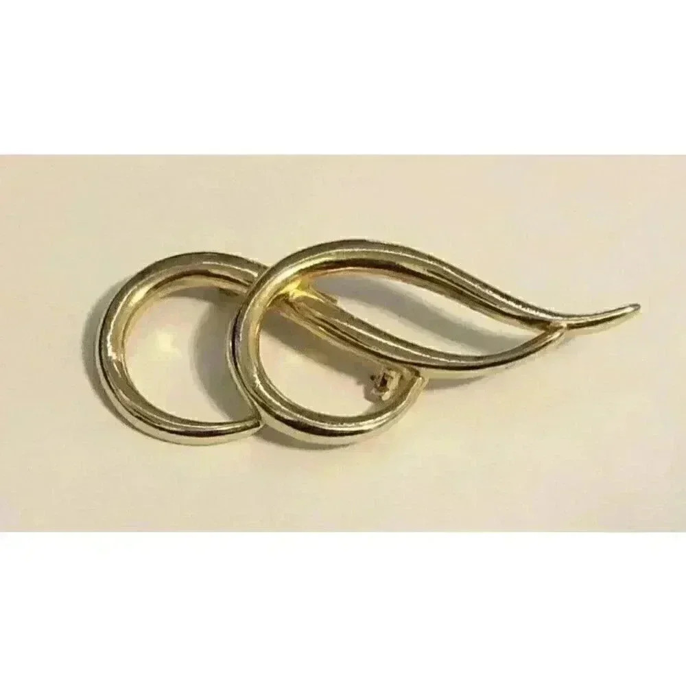 Vintage Piscitelli Brooch Modernist Swirl Shiny Gold Plated 70s Broach 3" Long
